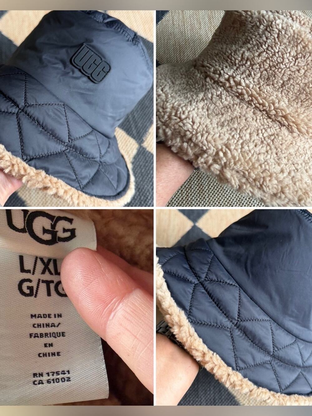 UGG Women’s Quilted Black Reversible Bucket Hat Faux Shearling Interior LG EUC
